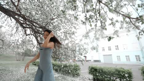 woman in a blue dress under blooming tree