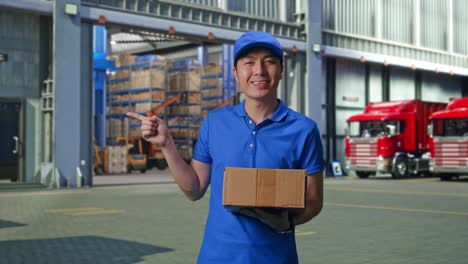asian male courier in blue uniform smiling and pointing to the side while delivering a carton, outside of logistics distributions warehouse