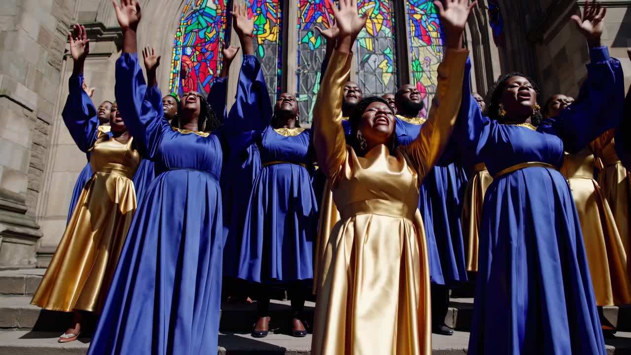 A video still of a choir in blue and gold robes singing on cathedral steps