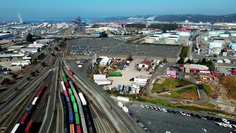 overtake shot of cargo railway routes at tote maritime alaska, washington