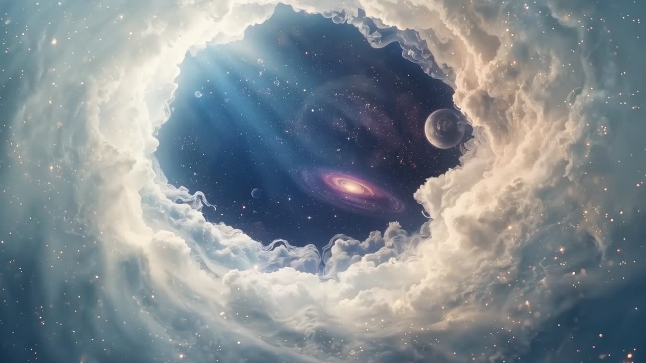 Rising rays urging cloud ring in sky widening showing galaxy and planet gliding motes lighting rims