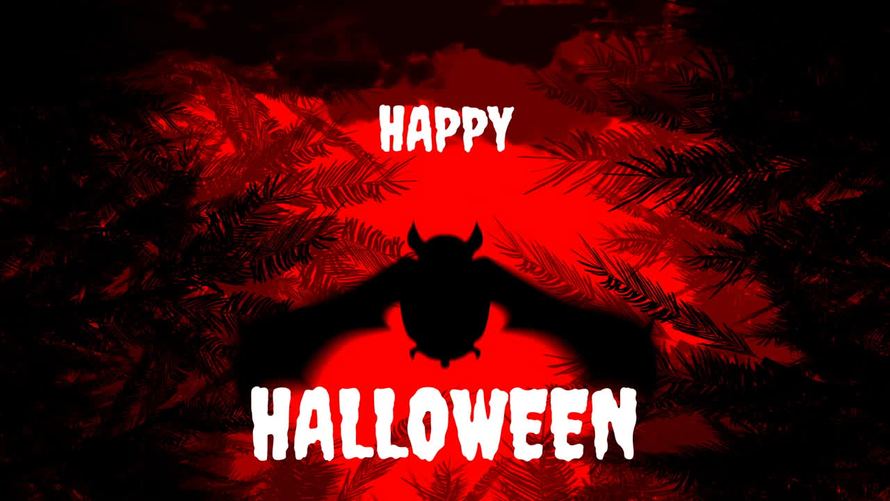 Testo Happy Halloween su silhouette di pipistrello con sfondo spettrale rosso e nero