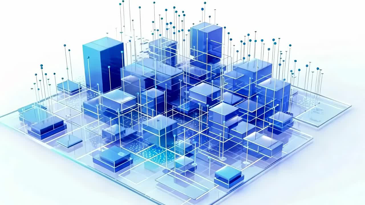 Isometric video concept of a digital cityscape with blue 3D blocks and network lines, viewed
