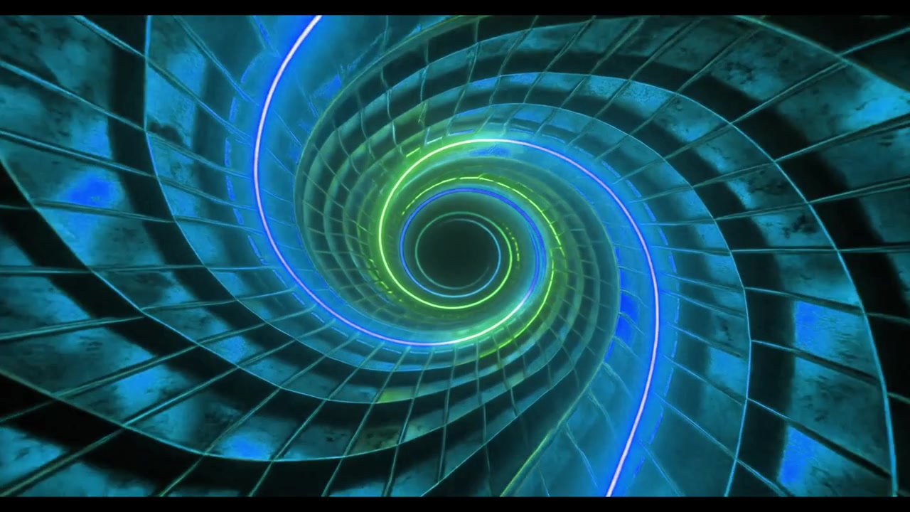 Abstract Neon Spiral Tunnel with Rotating Green and Blue Lights