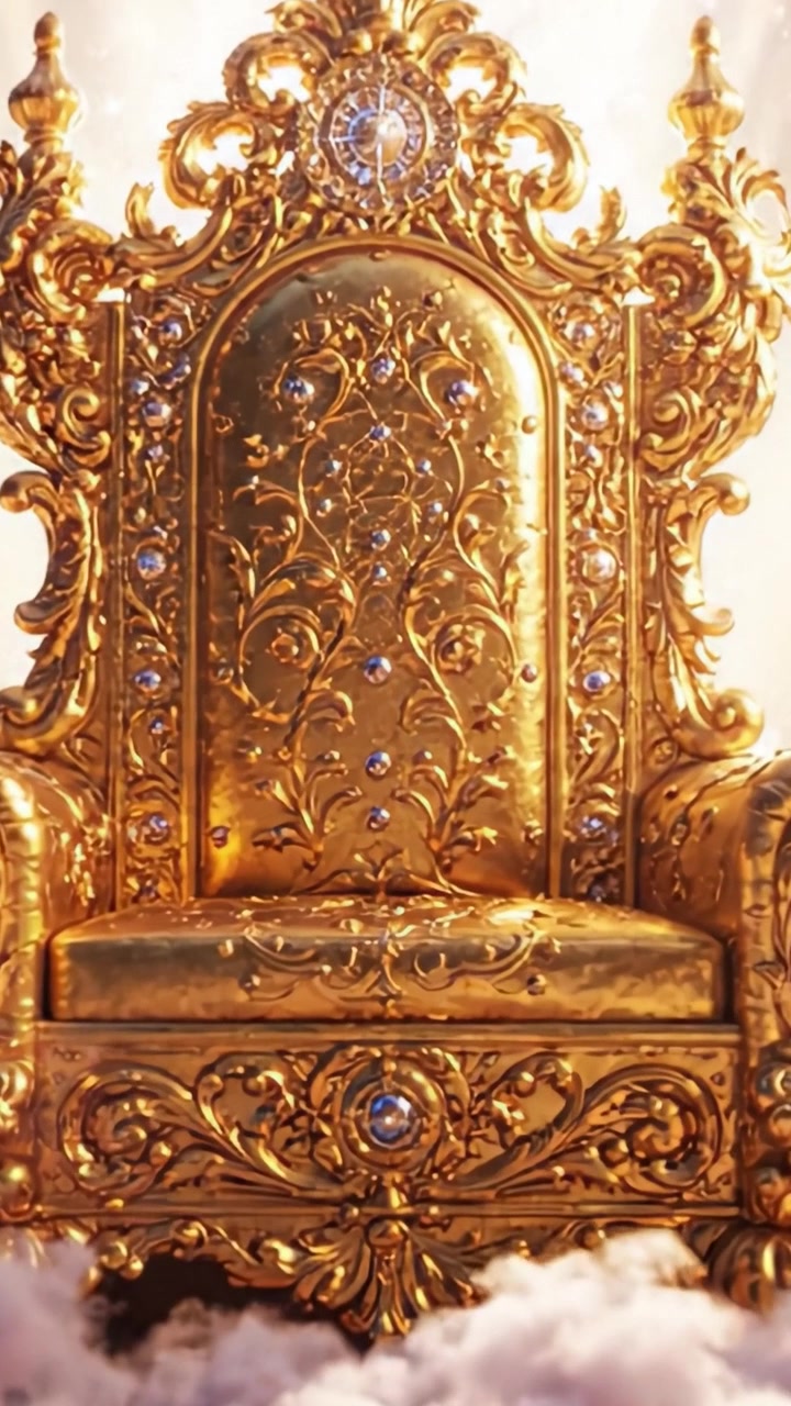 A Majestic Golden Throne Bathed in Ethereal Light, Surrounded by Clouds, Symbolizing Power and Majesty, Ready for Royalty to Claim Their Place