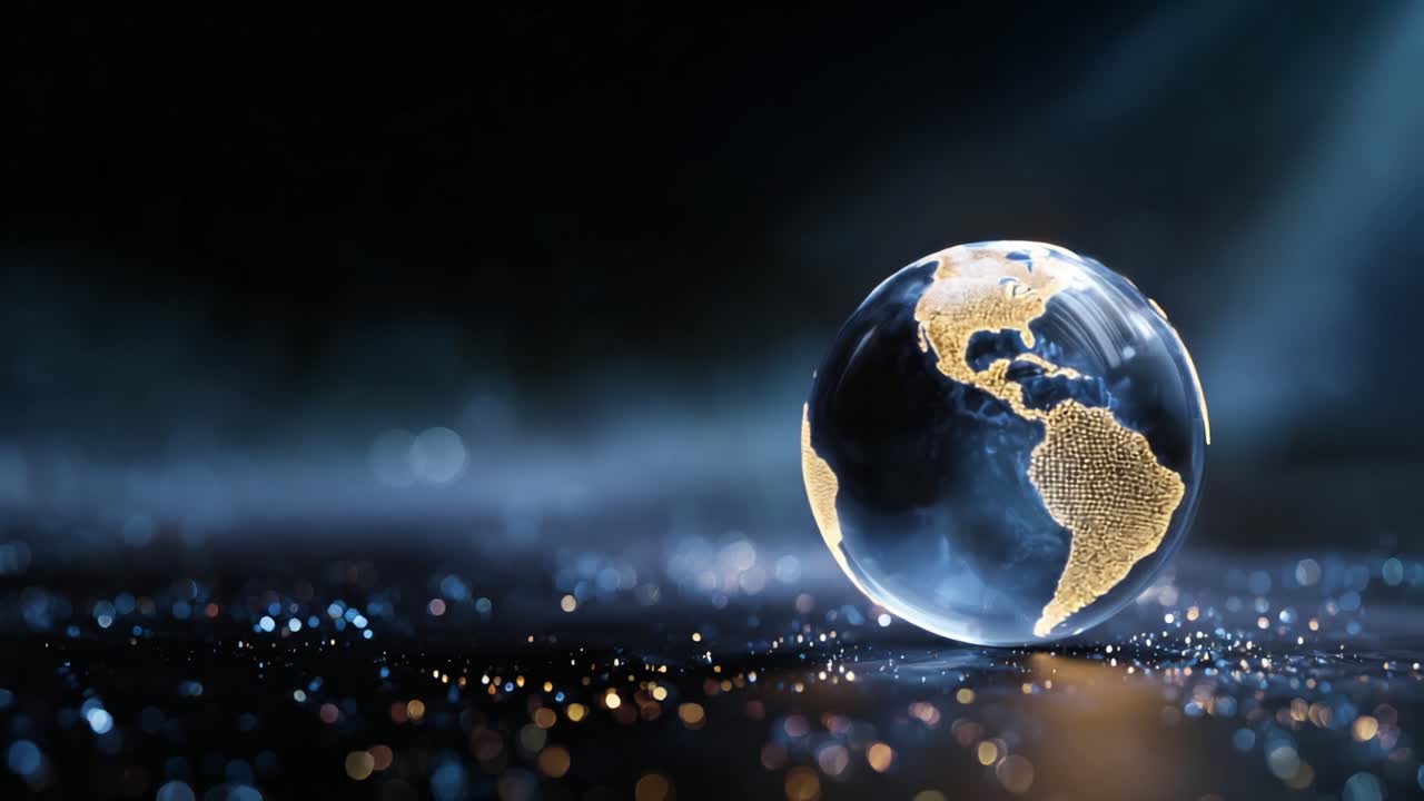 A mesmerizing view of a glowing globe highlighting the earth's continents amidst a shimmering background, capturing the beauty of our planet in an ethereal light