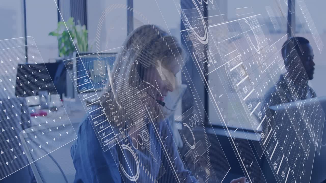 анимация обработки данных над различными деловыми людьми в офисе