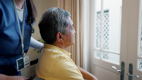 Senior,-man-in-wheelchair-and-nurse-pointing-to