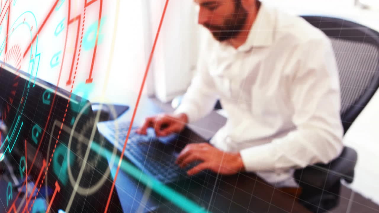 Animação de processamento de dados e varredura de escopo sobre um empresário caucasiano usando um computador