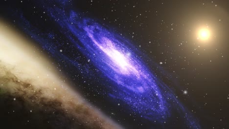 Galaxie-Im-Universum-Mit-Einem-Hellen-Stern-Und-Nebel-Als-Vordergrund