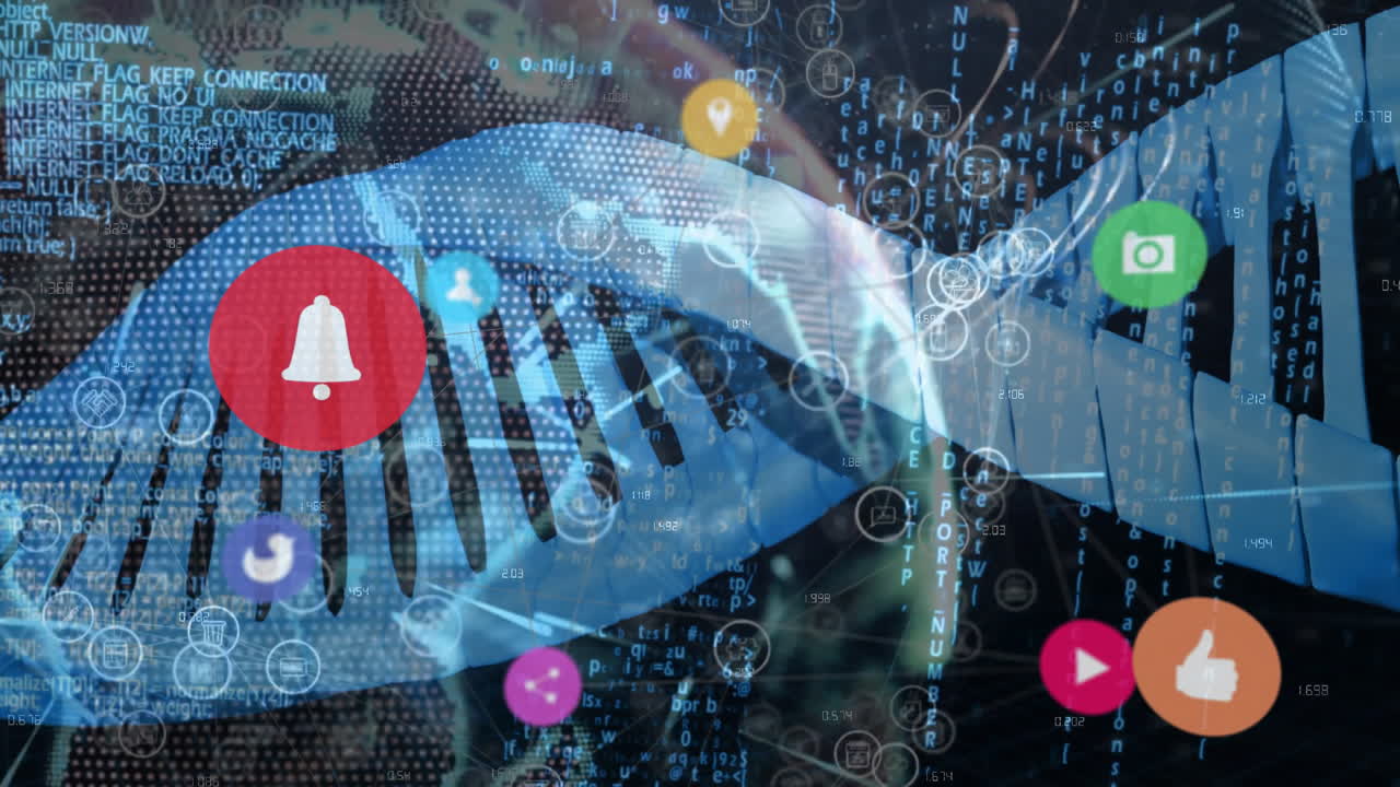 DNA strand and social media icons over digital data processing animation