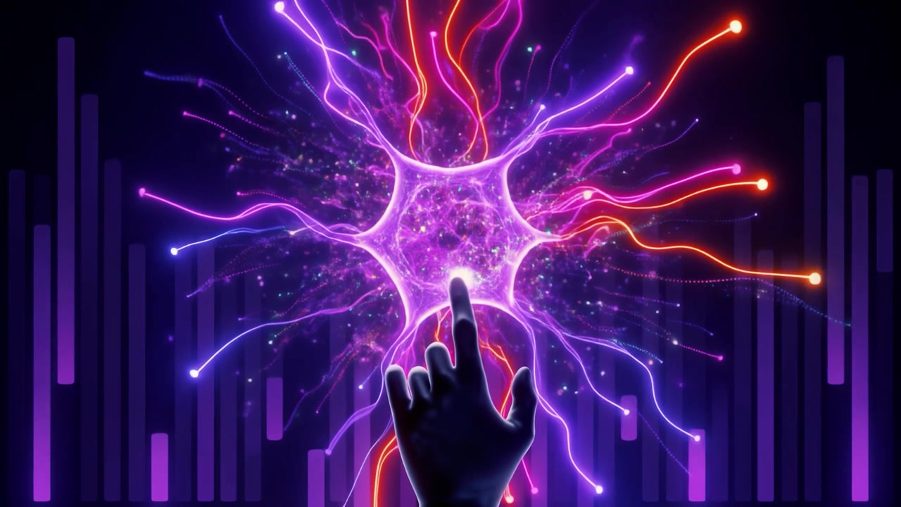 Mano umana che tocca un'interfaccia luminosa di rete neurale digitale