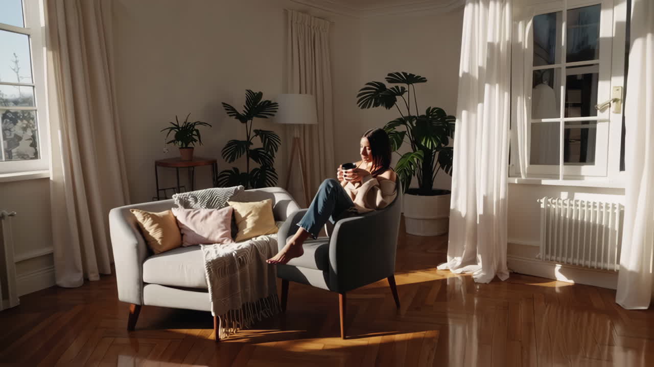 Woman enjoying a hot drink in a cozy, sunlit living room
