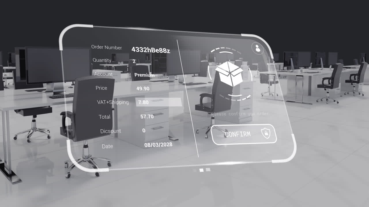 책상과 컴퓨터가 있는 사무실 인테리어에 대한 데이터 처리와 디지털 인터페이스의 애니메이션