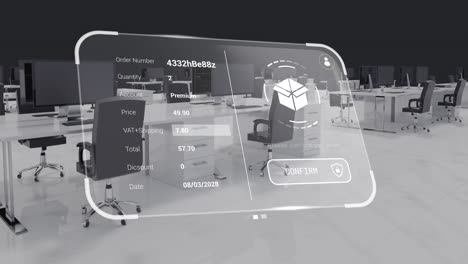 animation of digital interface with data processing over office interior with desks and computers