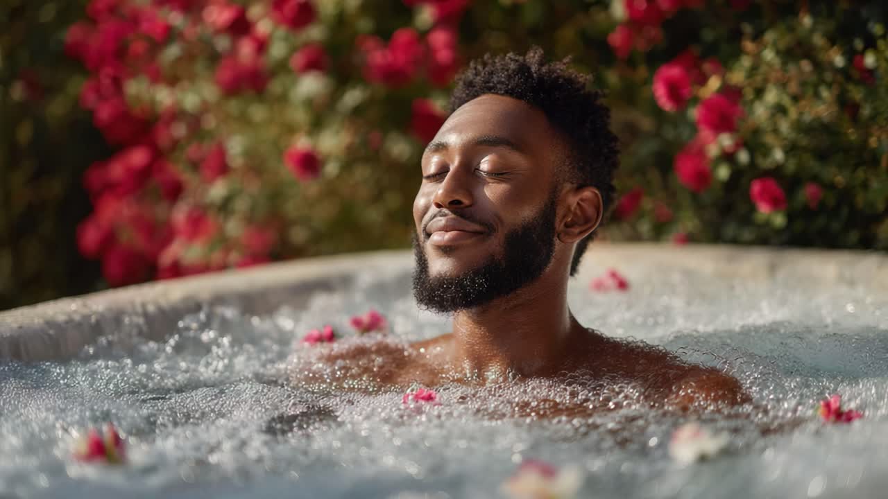 A Serene Moment of Bliss: A Relaxed Individual Enjoys a Tranquil Bath Surrounded by Roses and Gentle Bubbles in a Beautiful Outdoor Setting