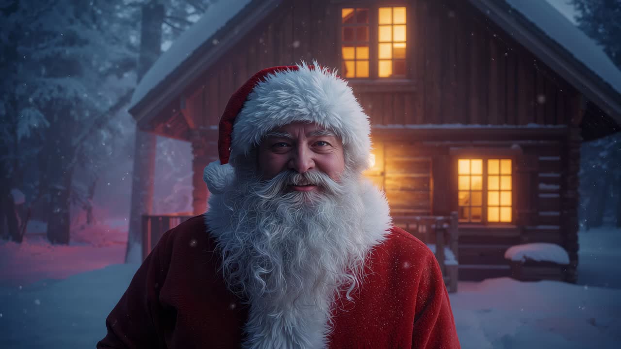 Camera holding red coat gift bearer by cabin as snowfall growing heavier, smiling to spread cheer