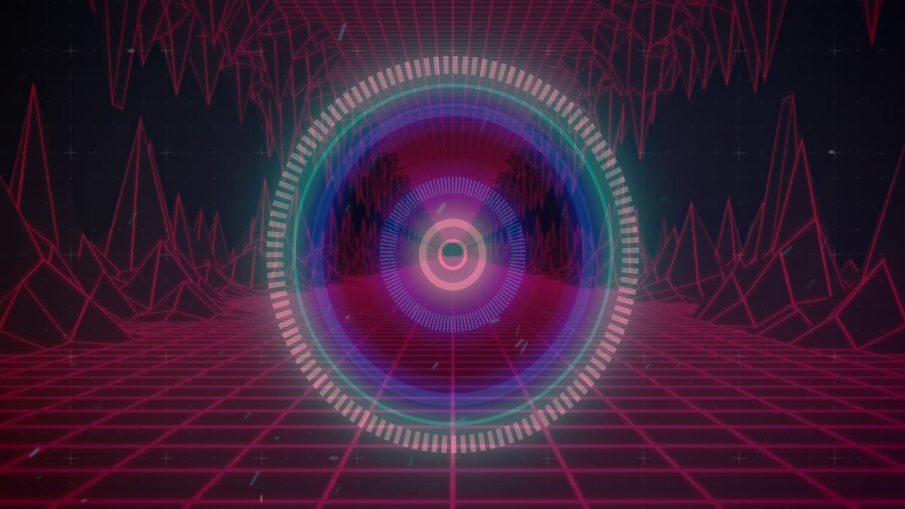 Animation of scope scanning over glowing pink map and grid on black background