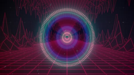 animación del escaneo del alcance sobre un mapa y una cuadrícula de color rosa brillante sobre un fondo negro