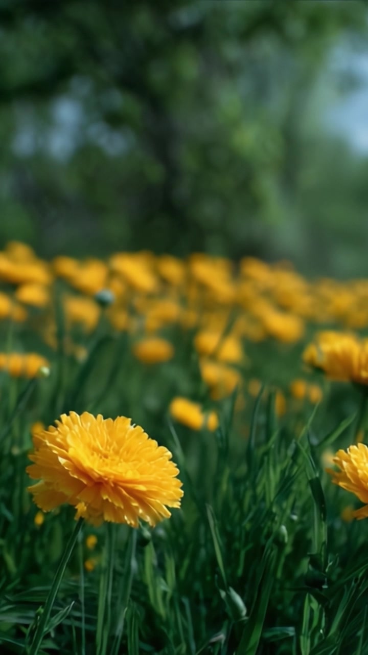 Fiori gialli vibranti in un campo verde lussureggiante, catturati in un ambiente naturale con la luce del sole che illumina il loro colore brillante contro uno sfondo morbido e sfocato.