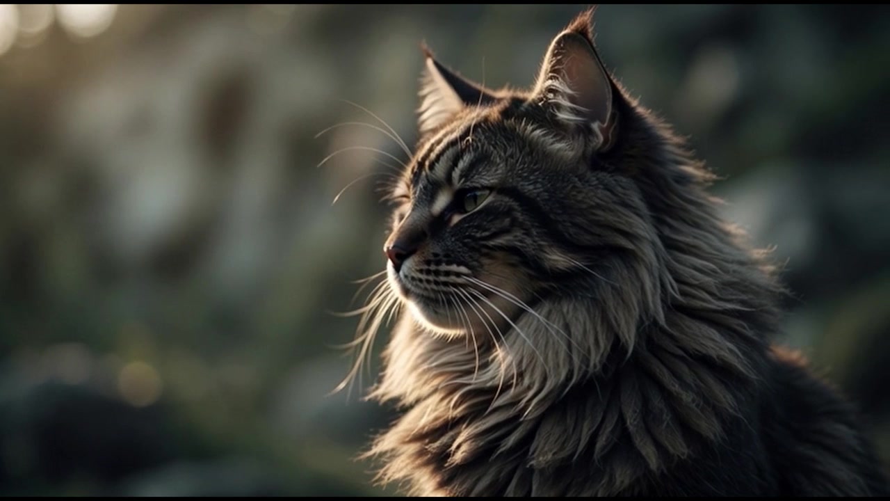 Maestoso gatto Maine Coon seduto all'aperto alla luce dell'ora d'oro