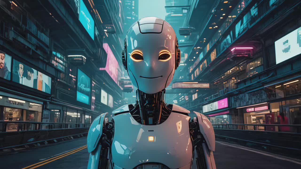 Futuristic Robot in Cyberpunk City