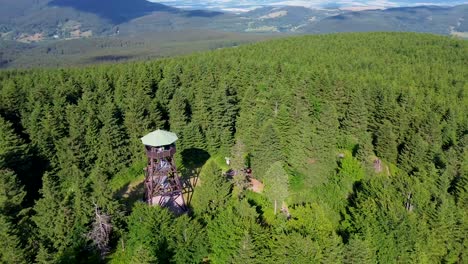 drone view as it flies over the trees and rotates around the lookout tower on the mountains with the valley in the background