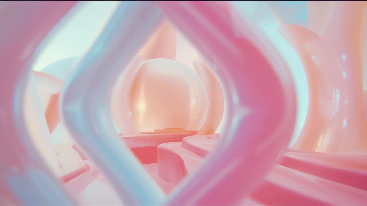 Rendering software showcasing 3D pastel tubular frames on steps with peach arch in digital gallery
