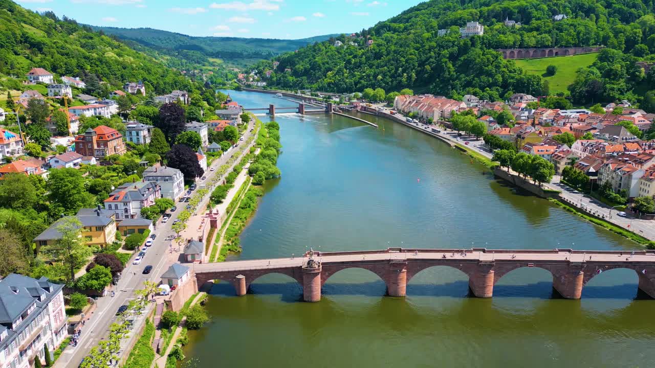 4K Aerial Drone Video of the Historic Old Bridge over the Neckar River in Heidelberg, Germany