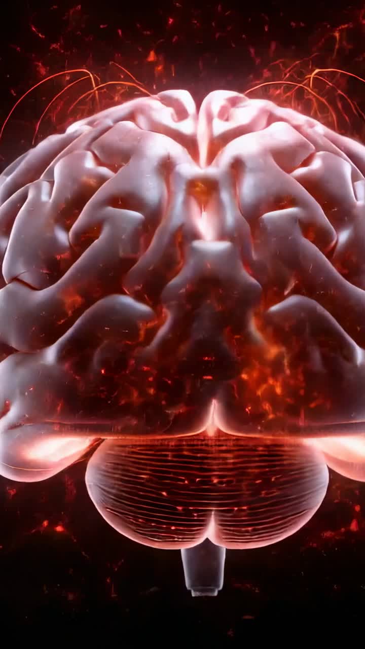 Vertical video: Shifting view showing rotating 3D brain in dark void with cerebellum traces embers