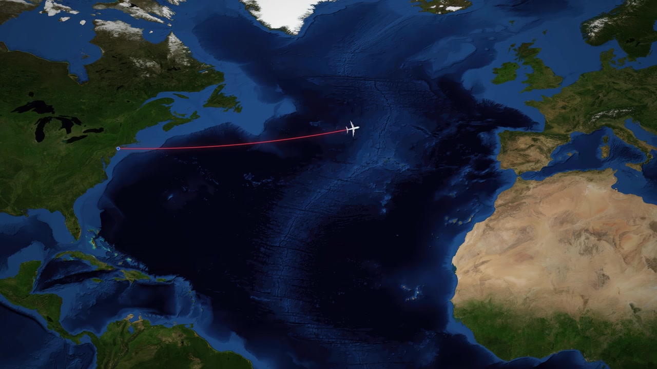 Airplane travels along a red line from New York to Manchester on satellite world map