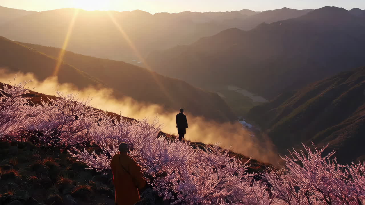 Monk at Sunrise in the Mountains with Cherry Blossoms
