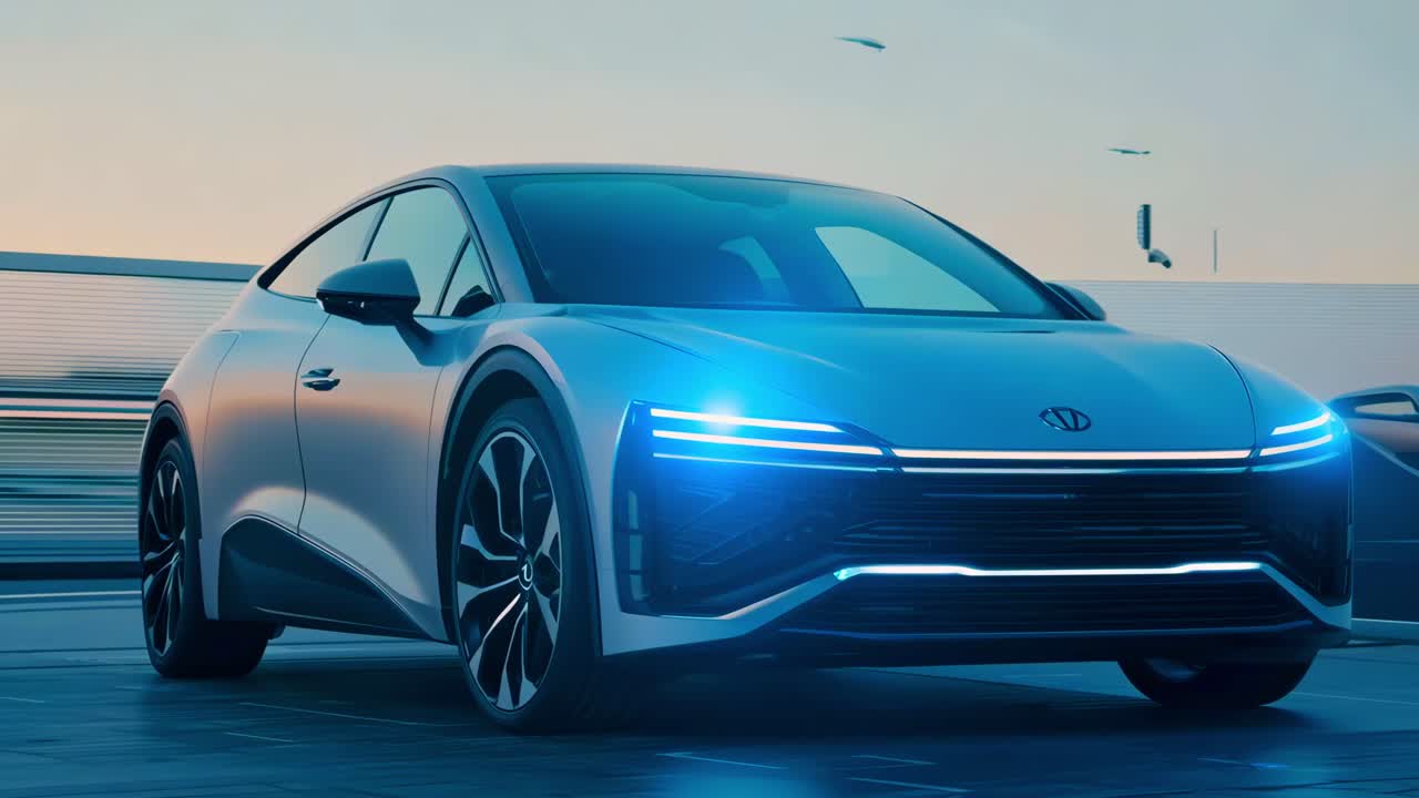 Innovative electric vehicle showcases advanced design and cutting-edge technology at urban location during sunset drive