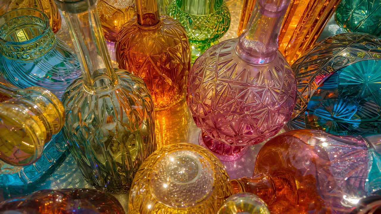 Opening view initiating camera panning right on table, capturing cut-glass bottles with reflections