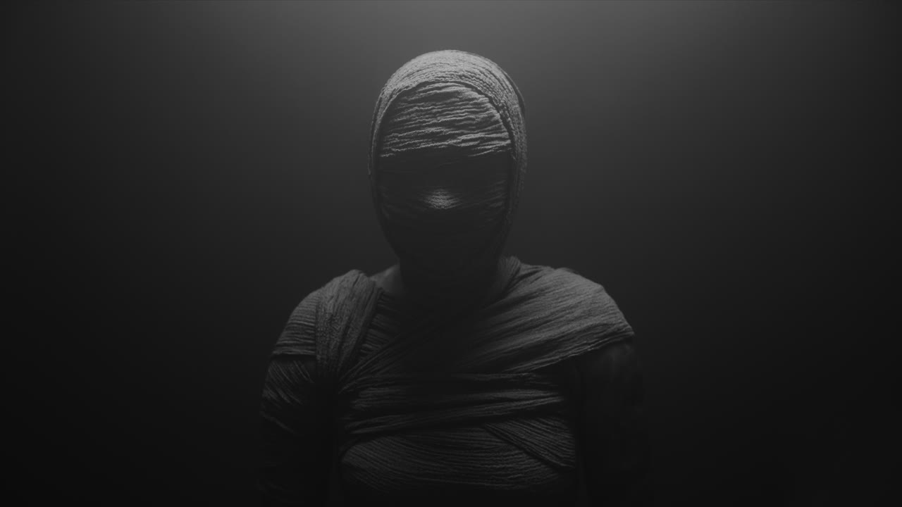 A mummy of a woman on a dark backdrop slowly rises her head