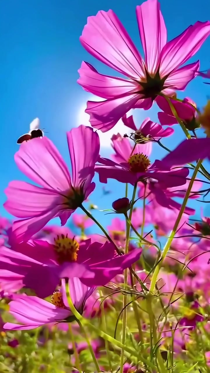 Fiori di cosmo rosa vivaci con api e bagliore solare