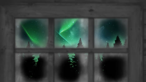 animación de la aurora boreal y el paisaje invernal de navidad visto a través de la ventana