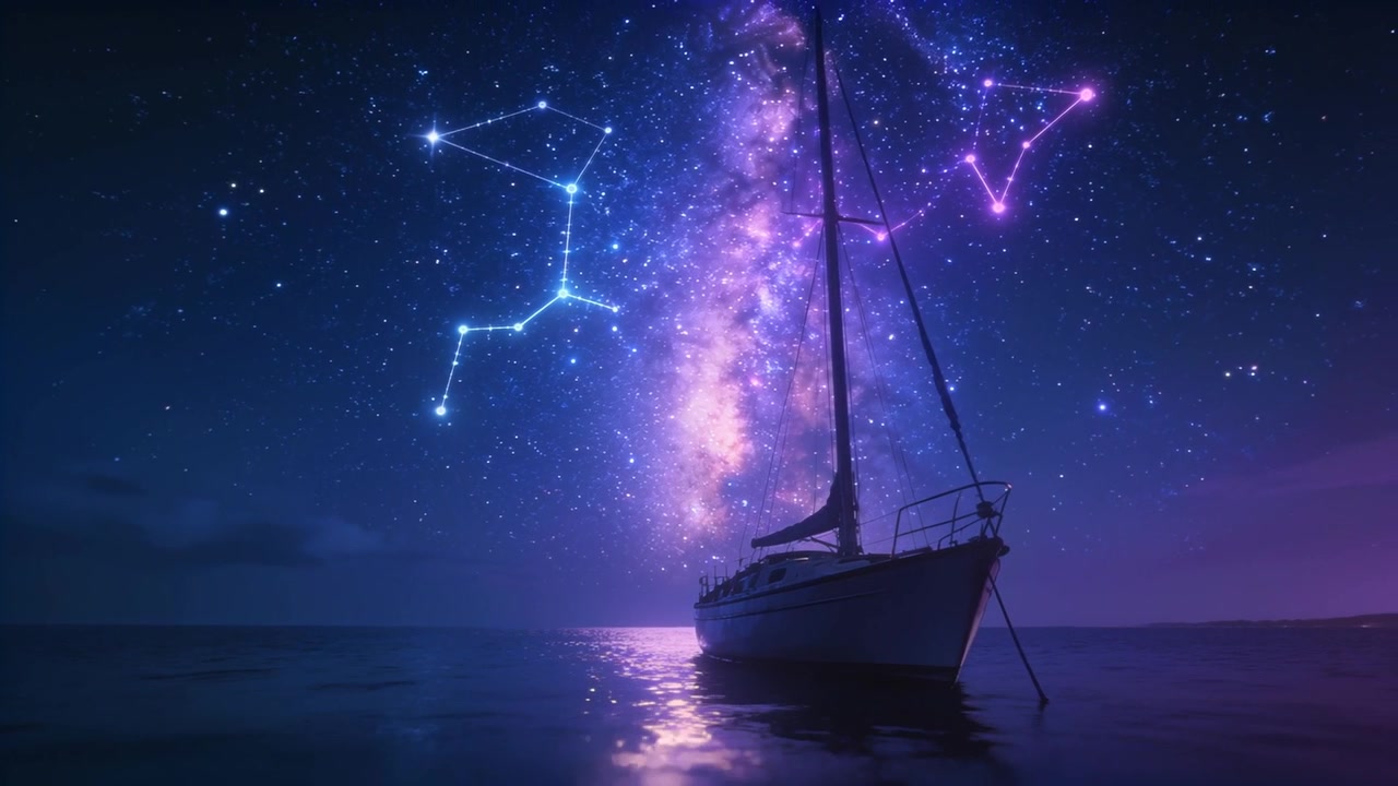Reacting to neon stars appearing, sailboat rocking at sea under Milky Way, with mast, anchor rope