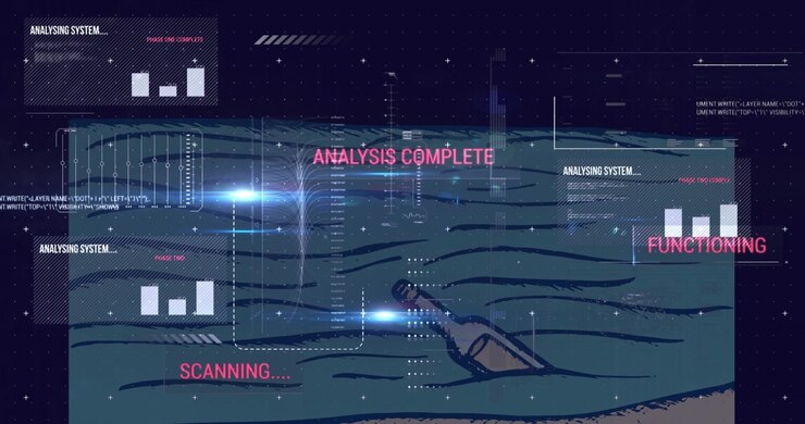 Animation of hud interface with lens flare over letter in better floating in ocean