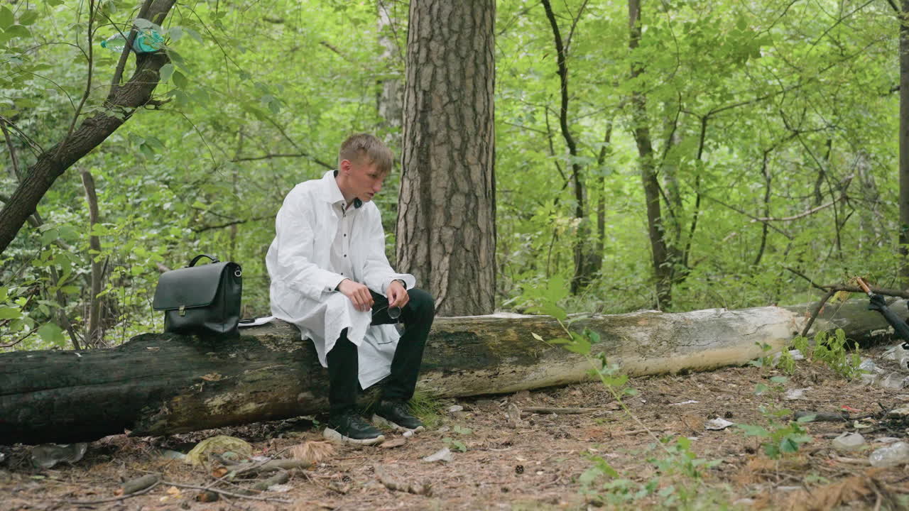 Giovane studente di botanica in camice bianco seduto su un ceppo secco nella foresta che si toglie gli occhiali, mostrando segni di stanchezza e spossatezza durante il lavoro all'aperto, circondato da alberi e con una borsa appoggiata accanto a sé