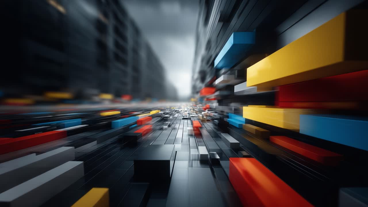 Dynamic Abstract Motion Blurs with Colorful Geometric Blocks Illustrating Depth and Speed in a Digital Environment