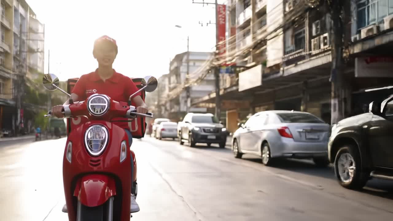 A delivery rider dressed in red maneuvers through busy city streets on a scooter as the sun sets, casting a warm golden light on the surroundings.