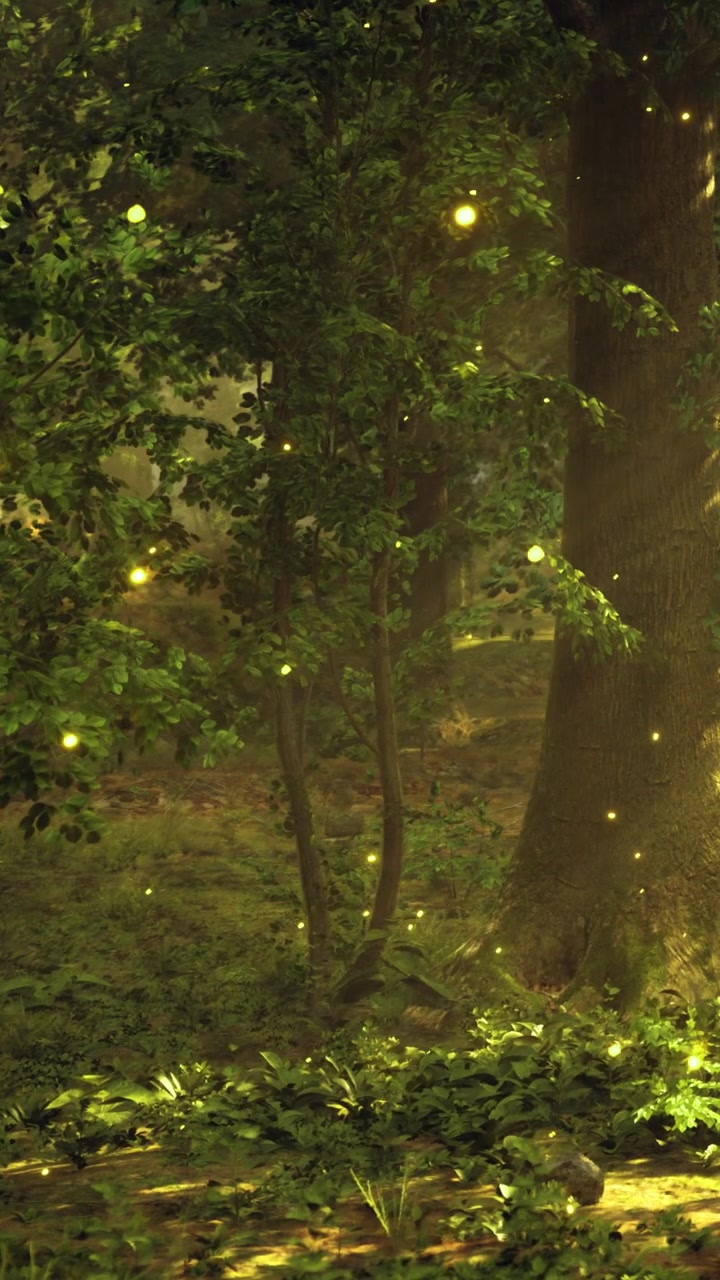 La luce del sole filtra tra gli alberi in una foresta con luci scintillanti al crepuscolo.