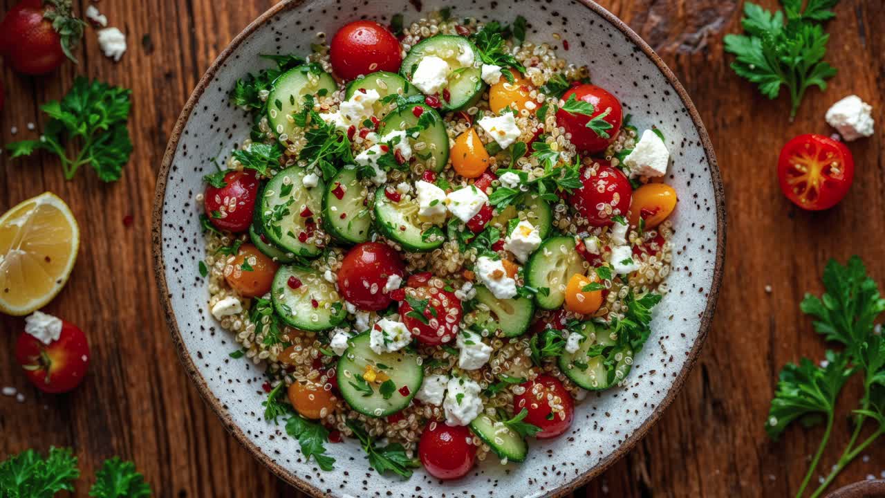 ensalada de quinoa con tomate, pepino y feta