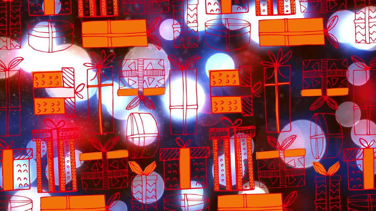 animación de múltiples iconos de regalos sobre manchas de luz brillantes contra un fondo negro.