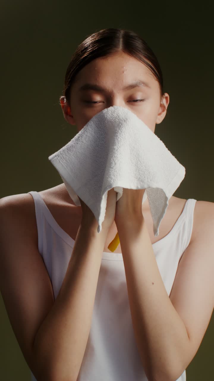 Woman wiping face with towel