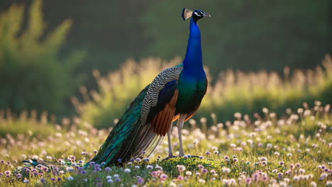 majestic peacock in a field of wildflowers at golden hour