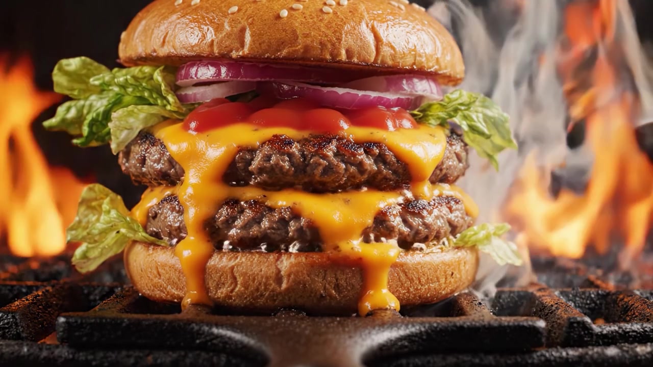 Un succulento cheeseburger triplo con formaggio fuso, lattuga fresca, cipolle e ketchup, perfettamente grigliato su uno sfondo infuocato per un aspetto irresistibile.