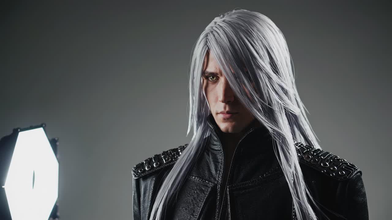 Anime Cosplay Portrait of a Man in a Black Jacket and Gray Wig