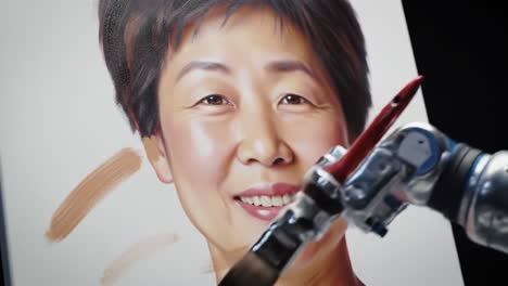 a robotic arm skillfully applies paint to canvas, capturing the likeness of a smiling woman. the setting showcases advanced technology and artistry in action during a creative process.
